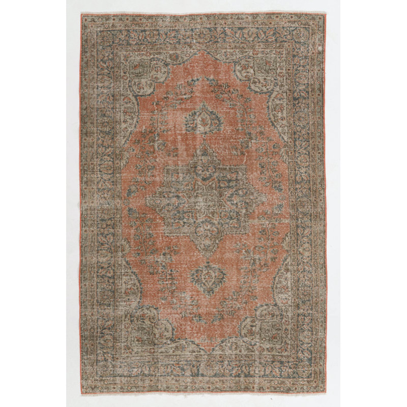 Tapis turc rétro unique fabriqué à la main de couleur terre cuite One-of-a-Kind