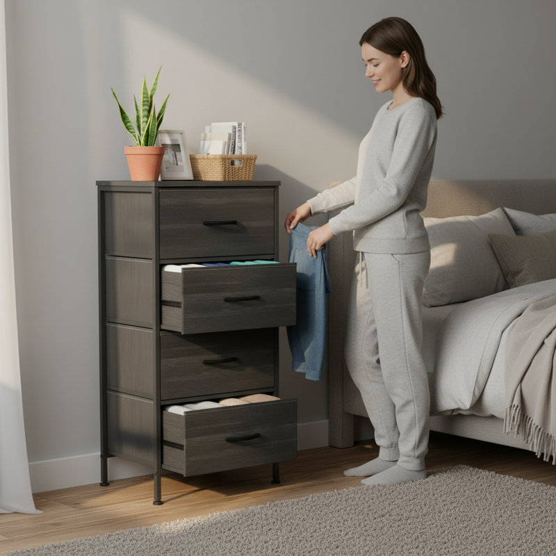 Enegess 4 Drawer Storage Dresser Chest, Black Wood