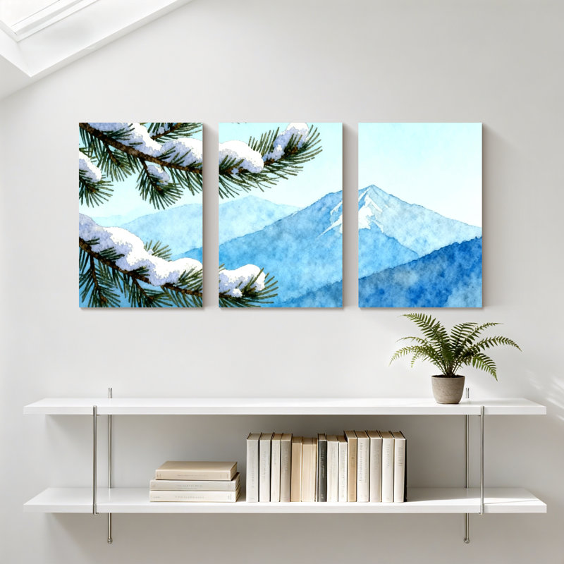 Hiver, forêt, neige, pin, branche, paysage de montagne, ensemble de 3 impressions sur toile, H 30 po x l 60 po