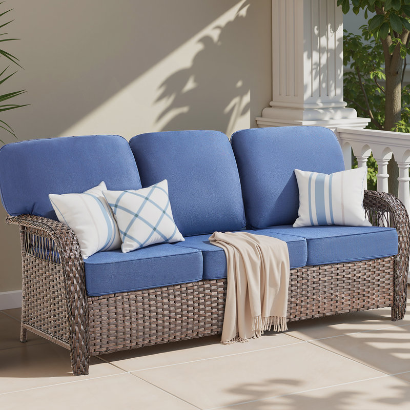 Durable Outdoor Wicker Patio Sofa With T-Shape Back Cushions And 5-Inch Thick Foam, Ideal For Porch Or Backyard Relaxation