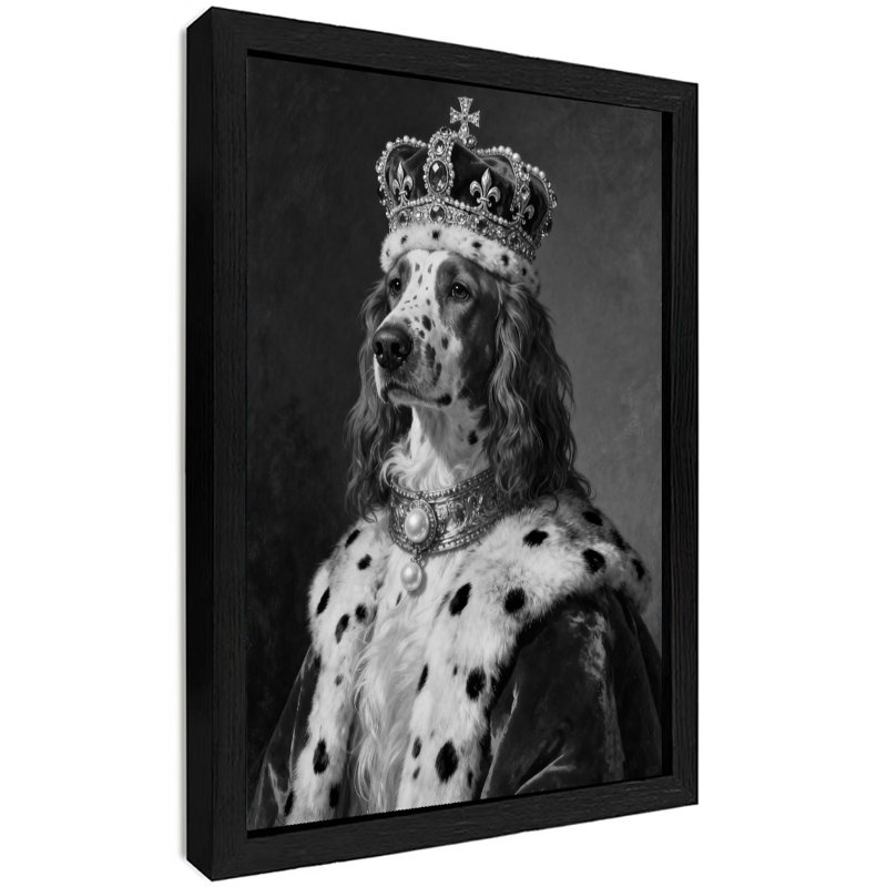 Art encadré noir rétro avec un chien portant une couronne, H 17 po x l 13 po