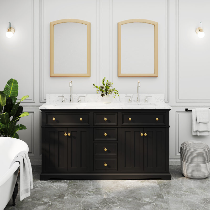 Ensemble de meuble-lavabo à double cuve 60 "avec dessus en pierre reconstituée, lavabo en céramique, peinture à la main Barnhart