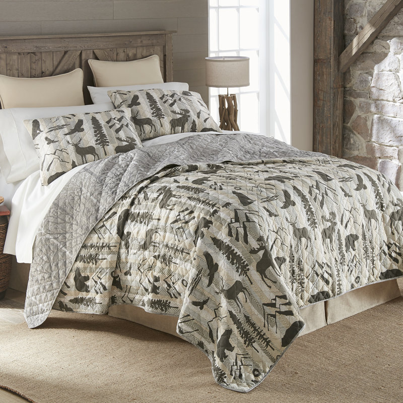 Gray Reversible King Microfiber Quilt Set with Wildlife Design