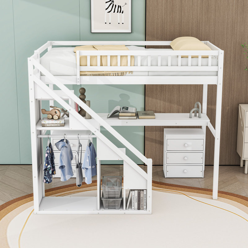 Lit mezzanine en bois avec bureau intégré et tiroirs et lumières DEL et escaliers, Simple, Blanc