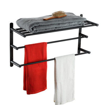 Wall Mounted Double Towel Bar with Shelves Bathroom Towel Rack