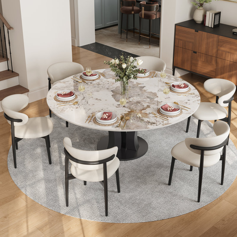 Table de salle à manger moderne de 59 po pour 6 à 8 personnes, plateau en pierre frittée brillante, acier au carbone