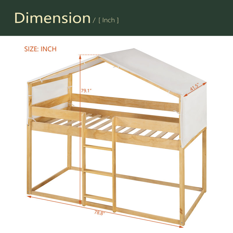 Lit simple superposé en bois avec tente, Naturel
