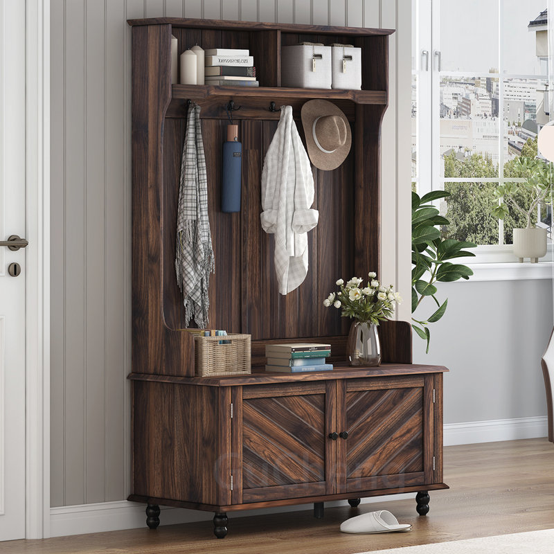 Versatile Hall Tree with Multiple Storage Options for Entryways, Brown