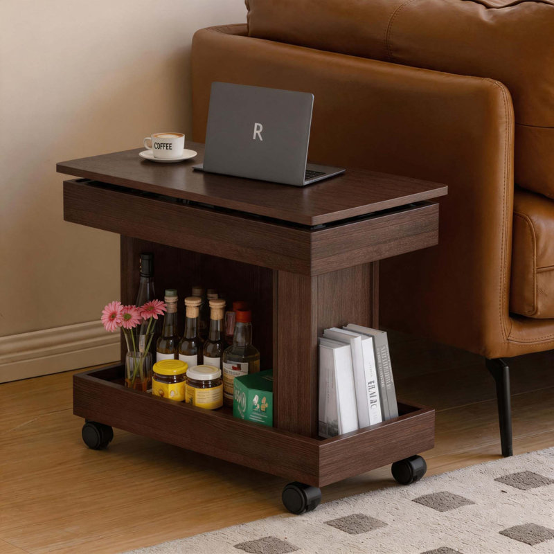 Table d'appoint roulante à 360 ° avec plateau relevable et rangement, Noyer