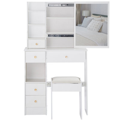 29.2" Small Space Left Drawer Desktop Vanity Table + Cushioned Stool, Extra Large Right Sliding Mirror, Multi Layer High Capacity Storage, Practical Fashionable Dresser, Suitable For Small Space