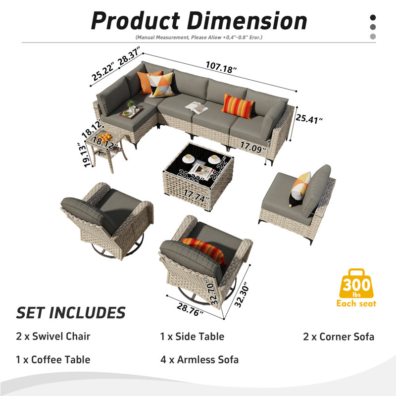 10-piece outdoor wicker patio furniture set with fire pit table, swivel chair and colorful cushions, Black, No