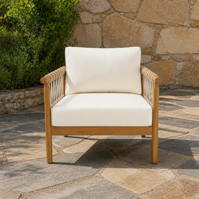 Fauteuil club surdimensionné en bois d'acacia, chaise longue d'extérieur résistante aux intempéries avec coussins moelleux, accoudoirs en corde tissée, structure en bois franc robuste pour la terrasse, la cour, le balcon, le bord de la piscine et les loisirs intérieurs, parfait pour une détente quotidienne