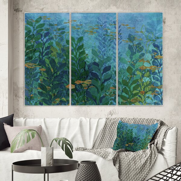 Bless international Blue Underwater Lake Leaves II On Canvas 3 Pieces ...