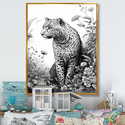 " Black And White Leopard In The Jungle Flowers I "