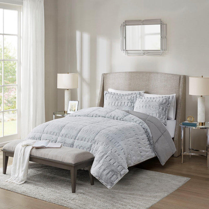 Ensemble d'édredon en fausse fourrure 3 pièces pour lit double / grand, Gris clair, Édredon grand