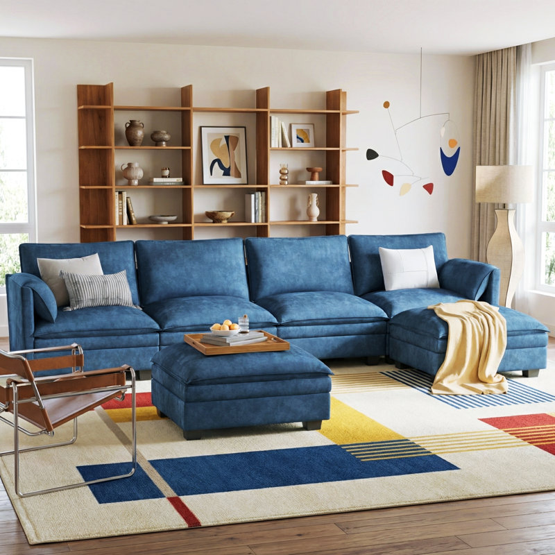 141.5'' U-Shaped Upholstered Sofas with Movable Ottoman, Blue