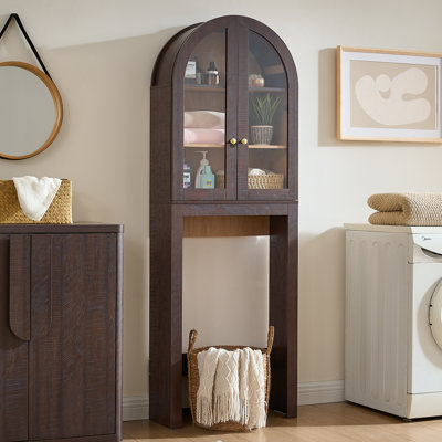 Armoire de rangement arquée au-dessus de la toilette avec portes en verre trempé, armoire de rangement haute avec organisateur, armoire de rangement moderne pour salle de bain avec tablette réglable, économiseur d'espace, chêne naturel