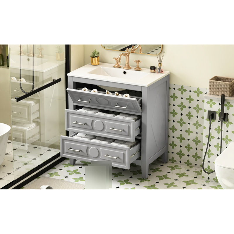 Meuble-lavabo de 30 po, lavabo en céramique, structure en bois massif, 3 tiroirs, apparence classique, meuble-lavabo rétro gris avec solution de rangement polyvalente de haute qualité