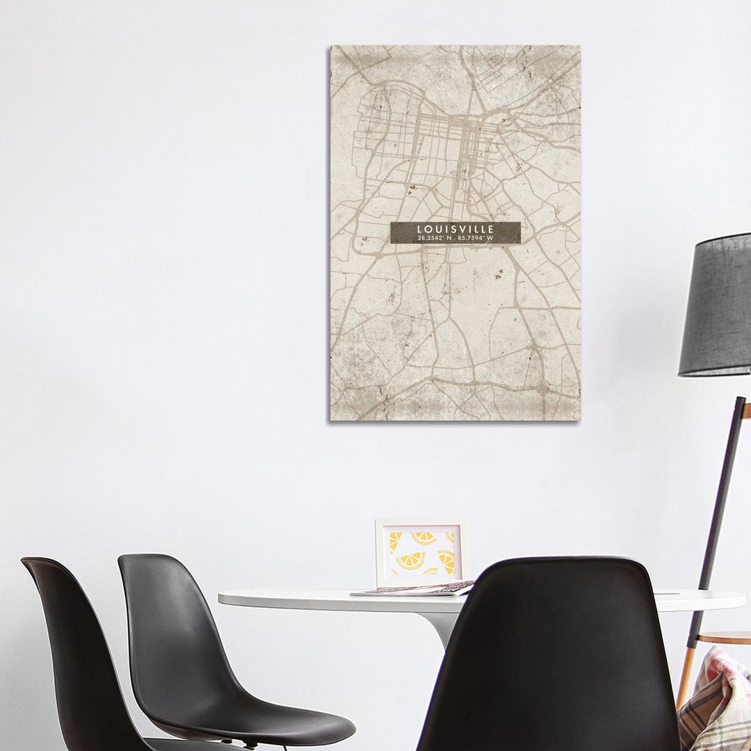 Louisville Stadtplan Abstrakter Stil von WallDecorAddict - Galerie-umwickelte Leinwand Giclée auf Leinwand