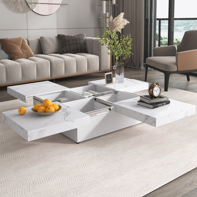 Square Marble Veneer Coffee Table Sliding Top With Storage In White 39.4''