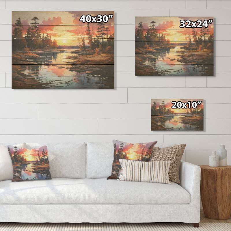 «Sunrise In Canadian River I - Sunrises Sunset», art sur bois de pin naturel, H 24 po x l 32 po