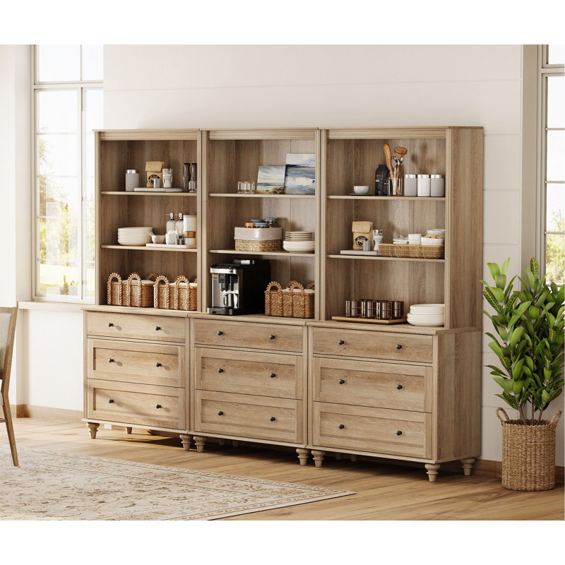 Armoire de cuisine de 72,1 po de hauteur avec 9 tiroirs et glissières réglables, chêne
