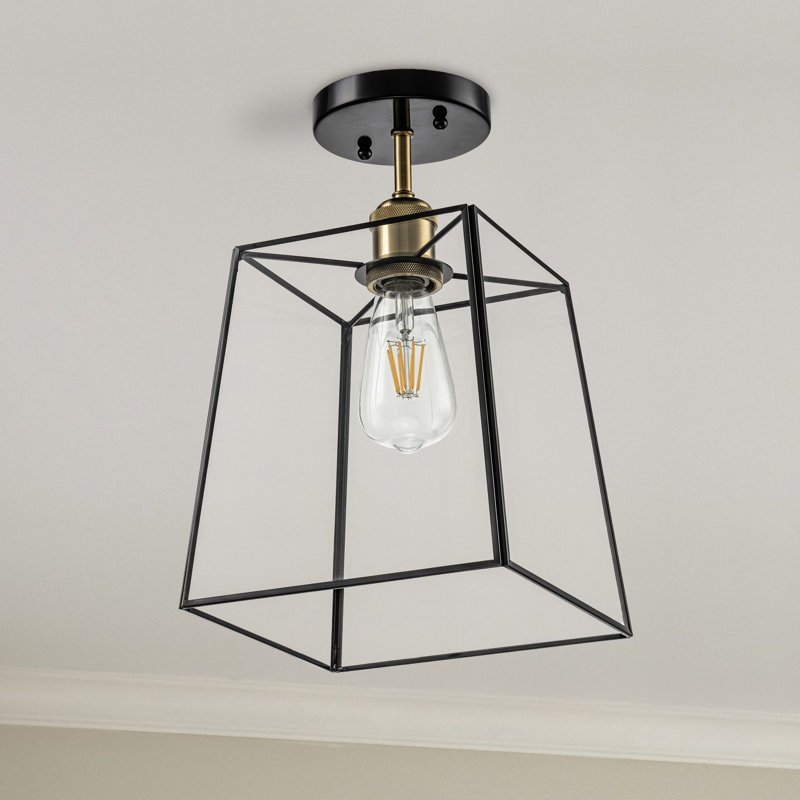 1-Light+Brass Semi-Flush Mount Ceiling Light With Tempered Glass Shade, Black