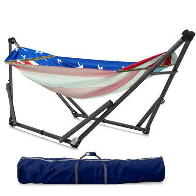  Uniki Adjustable Hammock with Stand for Indoor and Outdoor, Portable Camping Hammock Frame, 550 lbs Capacity, Collapsible and Durable, American Flag