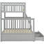 Lit simple superposé au dessus d'un lit double avec tiroirs de rangement, lit superposé en bois avec échelle et garde-corps gris-207936066