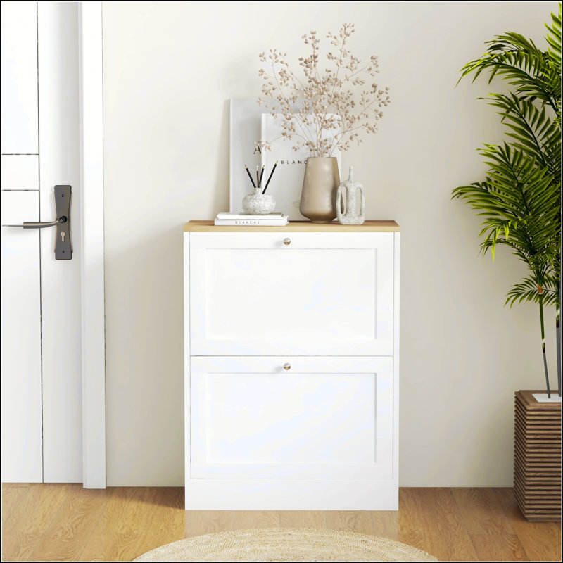 HOMCOM Slim Shoe Cabinet For Entryway, Modern Hidden Storage With 2 Flip Drawers And Adjustable Shelves, White