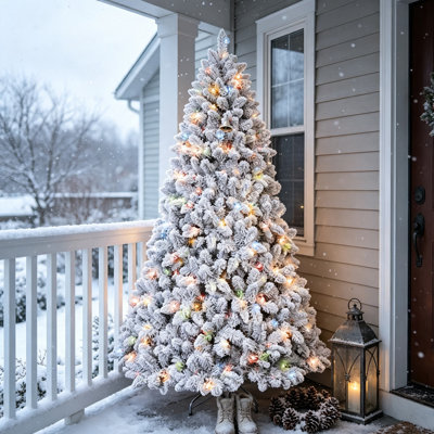 5FT Pre-Lit Flocked Artificial Christmas Tree with 300 Colorful UL Lights & 27 Natural Pine Cones – Snowy PVC Tips, Hinged Branches & Sturdy Metal Stand, Cozy Space-Saving Holiday Decor for Apartments & Small Corners