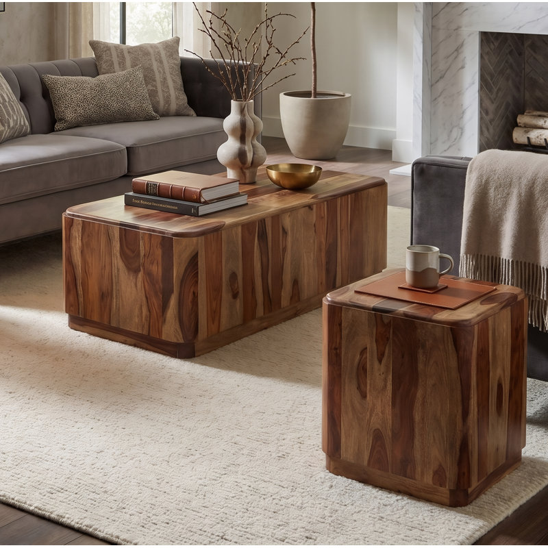 Durango Solid Wood Rectangular Block Coffee Table with Platform Base, Medium Wood