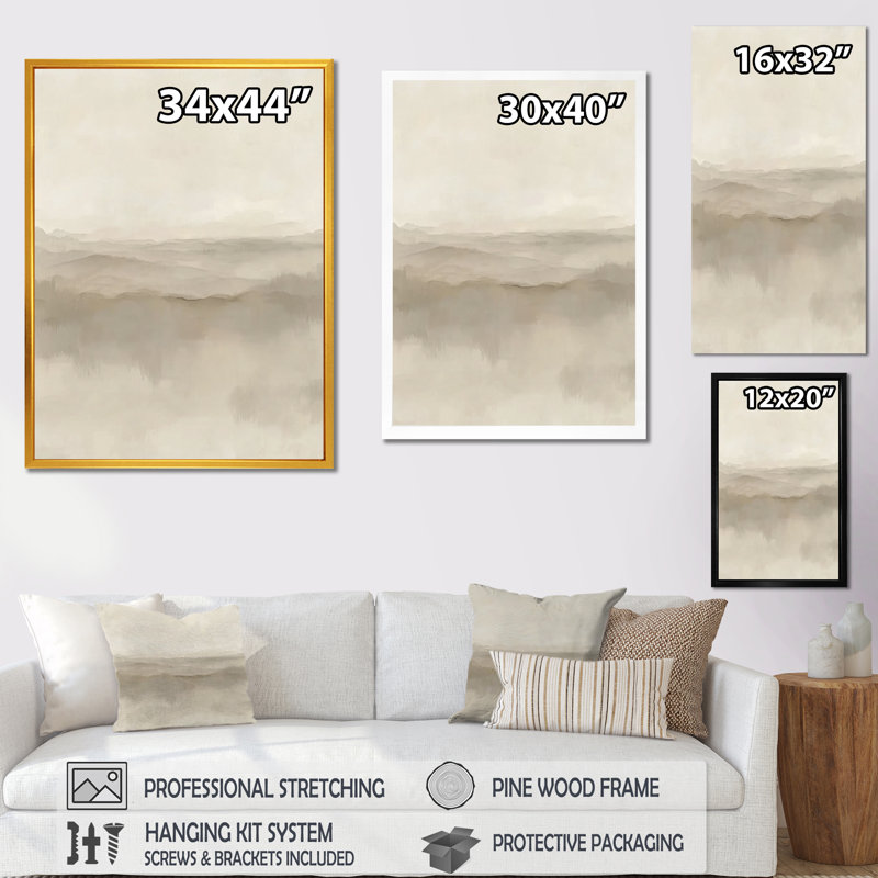 «White Grey Mist Sunrise Morning Clouds», art mural sur toile, abstrait blanc, H 44 po x l 34 po, Cadre flottant, Crème