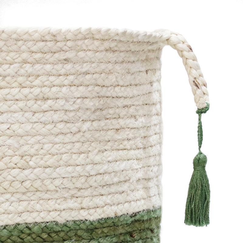 Panier de rangement en jute naturel fait à la main, H 17 po x l 17 po x P 17 po, Blanc/vert