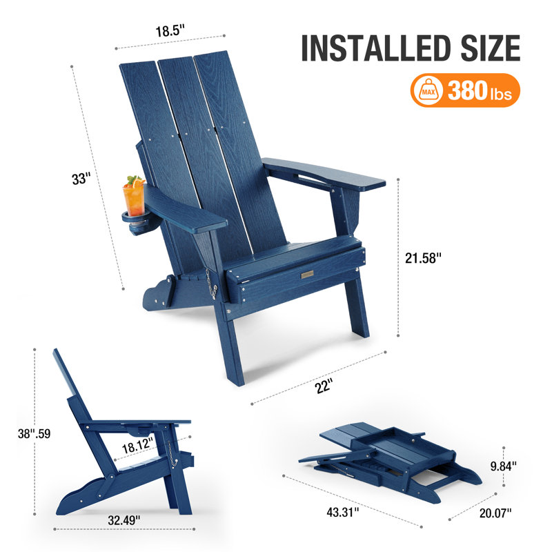 All Weather HDPE Folding Outdoor Adirondack Chair with Cup Holders Durable Oversized Fire Pit Chair Easy Assembly Easy Maintenance Patio Lawn Chair with 380Lbs Load Bearing for Porch, Garden, Backyard, patio, Deck, fire pit, Dark Blue（set of 4）