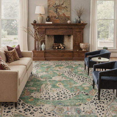Allandale Lynx Spotted Leopard Print Sage Area Rug