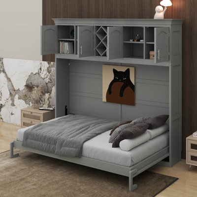 Queen Size Murphy Bed Wall Bed With Top Cabinets & Wine Rack, Versatile Convertible Murphy Bed Frame