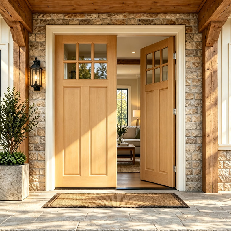 6-Lite Double Front Entry Door with White Frame Solid Pine Wood Exterior Door Clear Glass Natural Finish, Silver Hinges & Flush Bolt