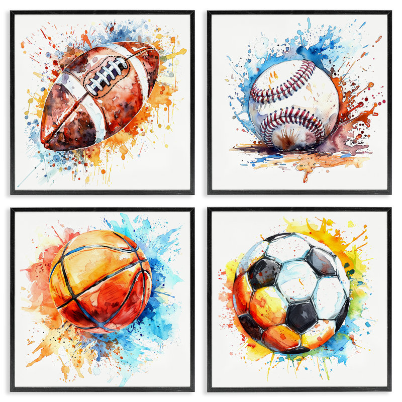  «Modern Splash Sports Balls», ensemble de 4 giclées par LSR Design Studio, H 17 po x l 17 po, Giclée encadrée noir minuit