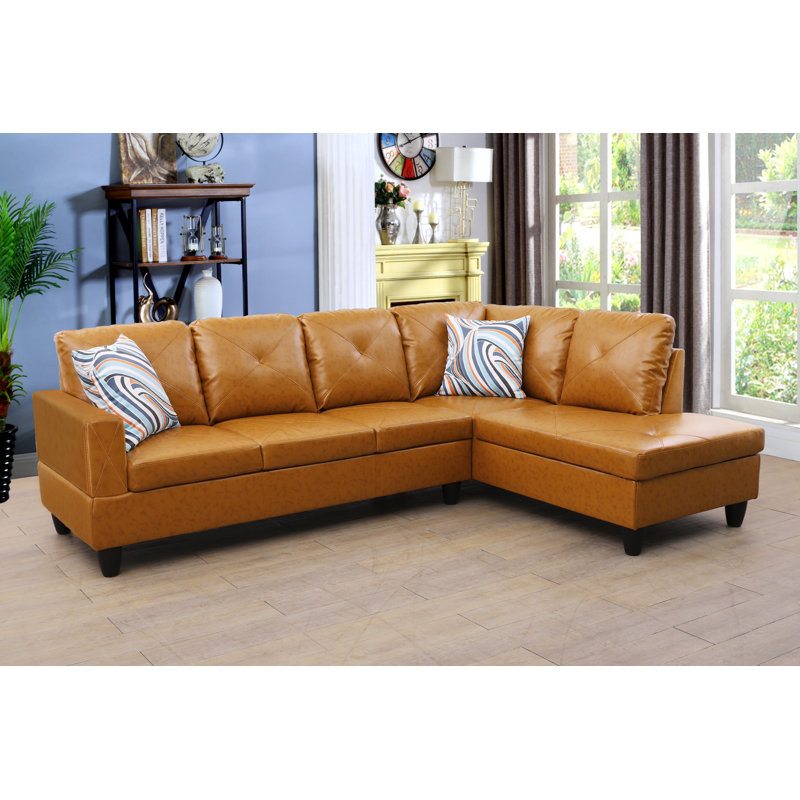 Glennia Faux Leather L-Shaped Sectional, Light Brown Faux Leather, Right Hand Facing