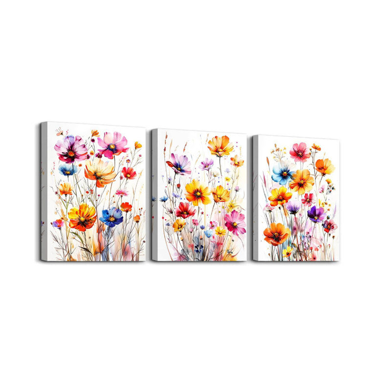Multicolore aquarelle fleurs sauvages, art mural, paquet de 3, 12 x 16 po