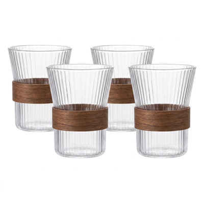 LUMATumblers with Wood Base, Set of 4, 11 oz Drinking Glasses for Water, Juice, Cocktails & Whiskey, Modern Glassware Set