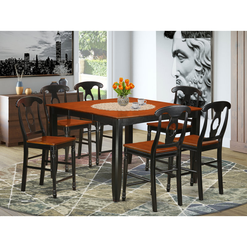 7 Piece Counter Height Dining Set Consist of a Square Kitchen Table with Pedestal and 6 Dining Chairs, Black & Cherry