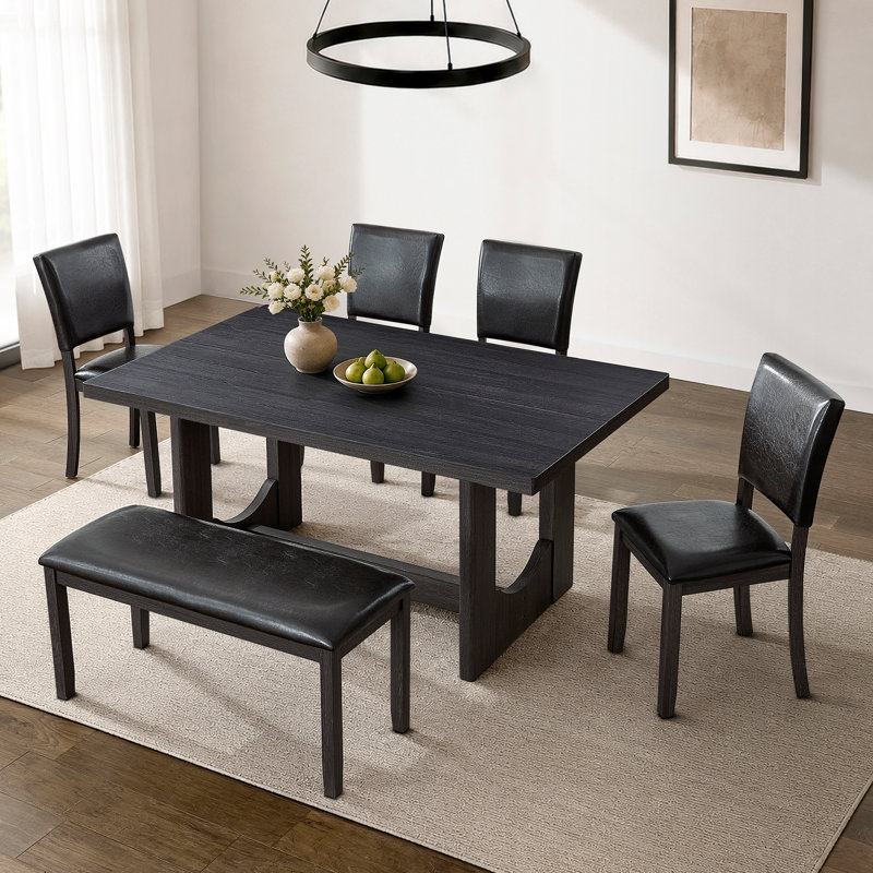 Ensemble de table de salle à manger 6 pièces avec 4 chaises rembourrées et banc, Dark Brown