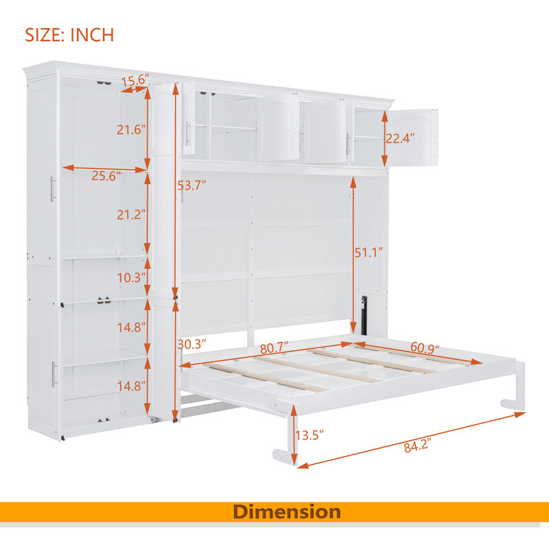 Grand lit escamotable mural avec armoires, Blanc