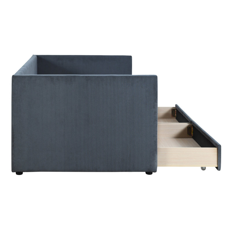 Versatile Corduroy Daybed With Drawers And Sturdy Wood Slat Construction, Gray