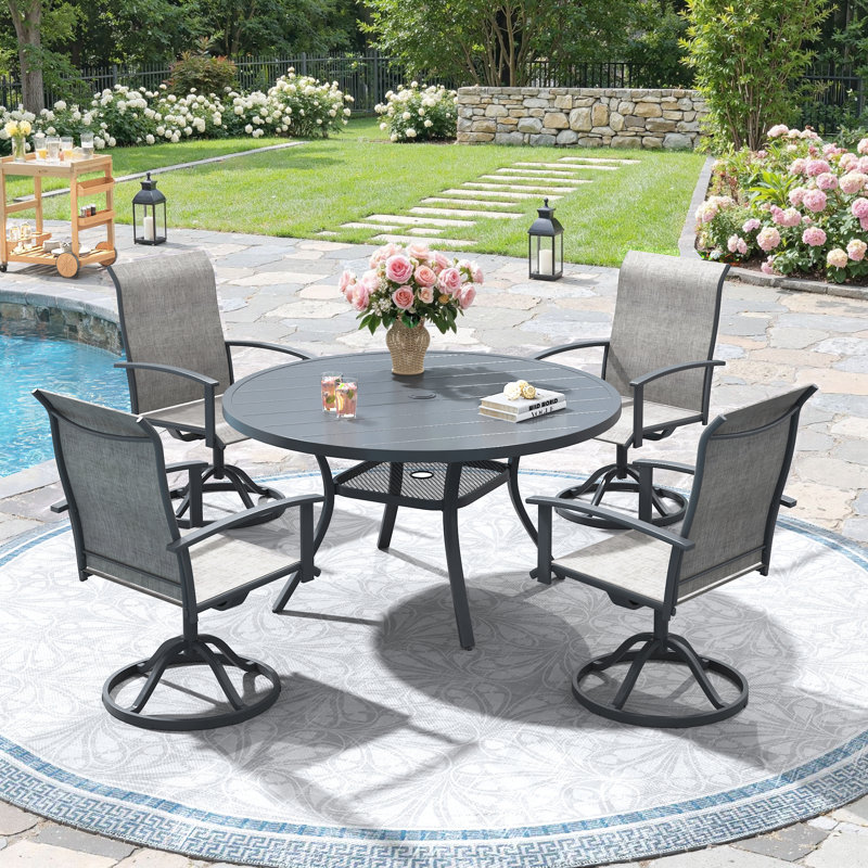 Ensemble de salle à manger pour 4 personnes avec table ronde en métal et chaises pivotantes PVC-coated polyester, Gris / Gris