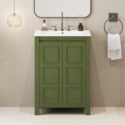 Petit meuble-lavabo de style vintage 24 po avec lavabo en céramique, 2 portes à fermeture douce, tablette réglable