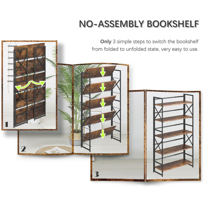 Bibliothèque pliante sans assemblage à 5 niveaux, style rétro, indispensable pour le bureau, Brun noirâtre rustique