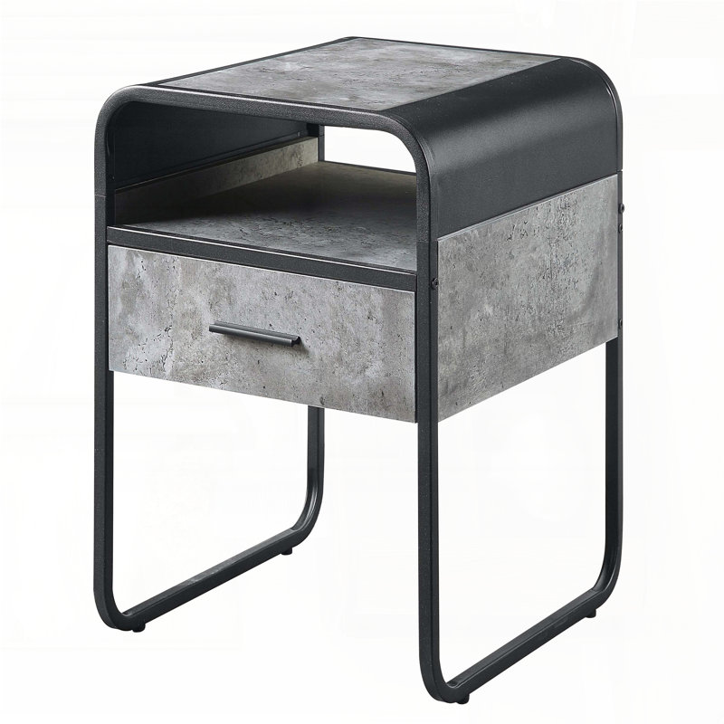 Table de bout en béton gris avec tiroir et tablette - structure noire